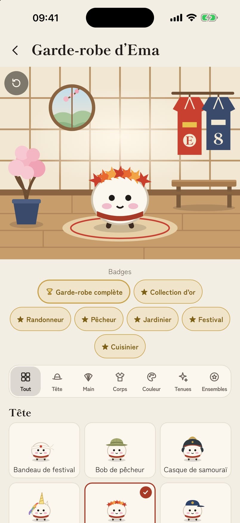 Ema dans sa garde-robe, avec une couronne d'érable