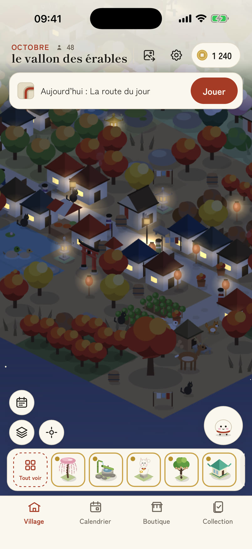 Le village la nuit, fenêtres et lanternes allumées